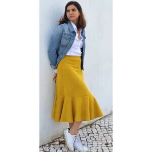 Anne Taylor Doubleweave Ruffle Hem Pencil Style Midi Skirt Yellow Size 6